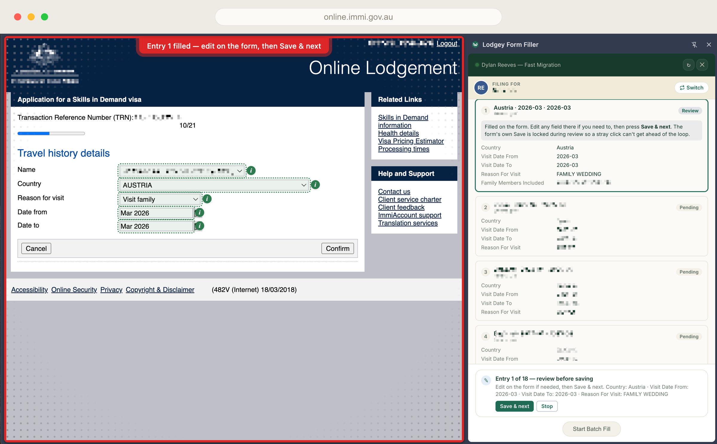 The Lodgey extension batch-filling a repeating travel-history section across 18 entries on a government form.