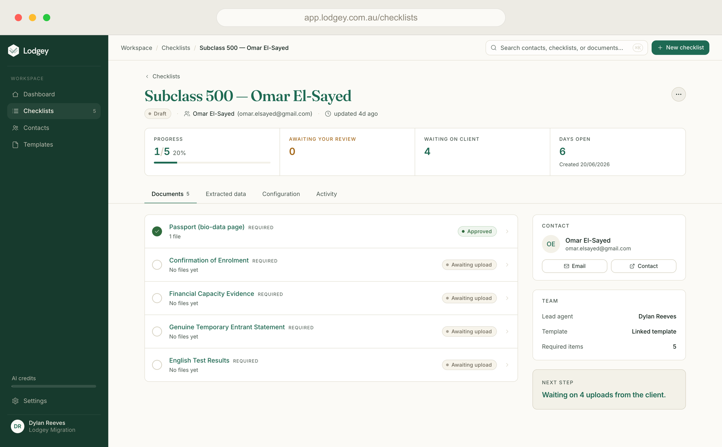 A Lodgey checklist for a Subclass 500 application, tracking each required document and its status.