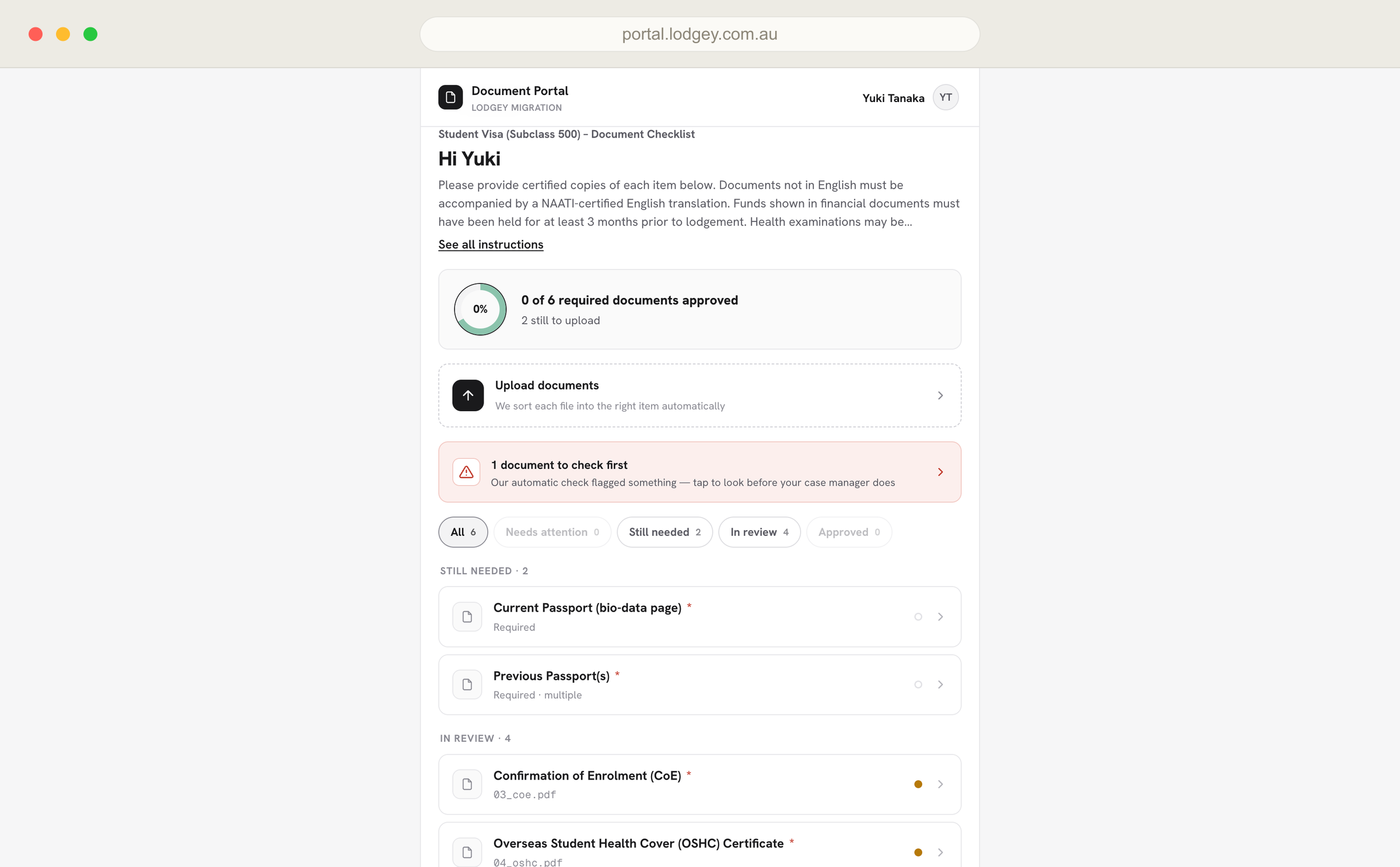 The client document portal, where an applicant uploads and tracks their own documents.