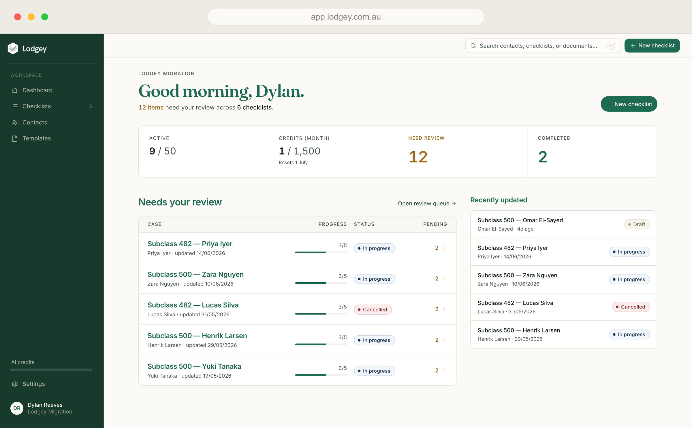The Lodgey dashboard showing matters that need review and recent activity.