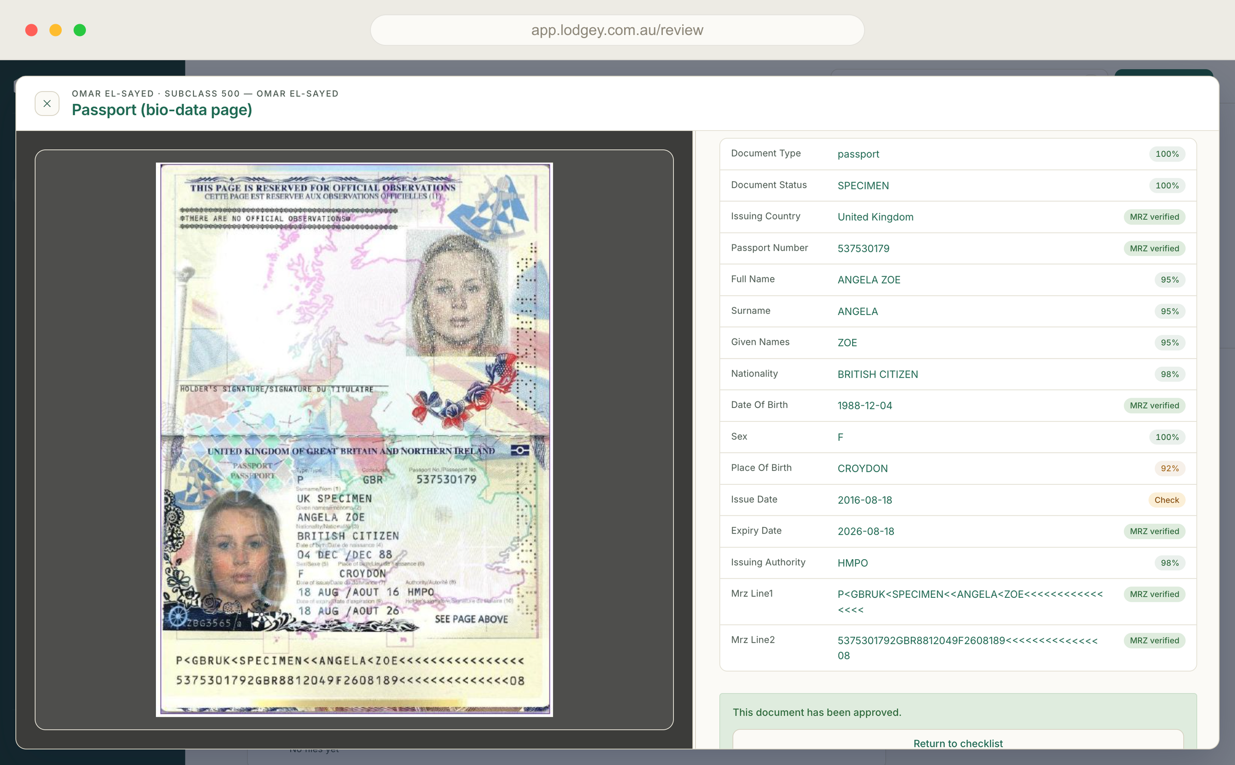 Lodgey's review panel: extracted passport fields beside the source document, each with a confidence score.